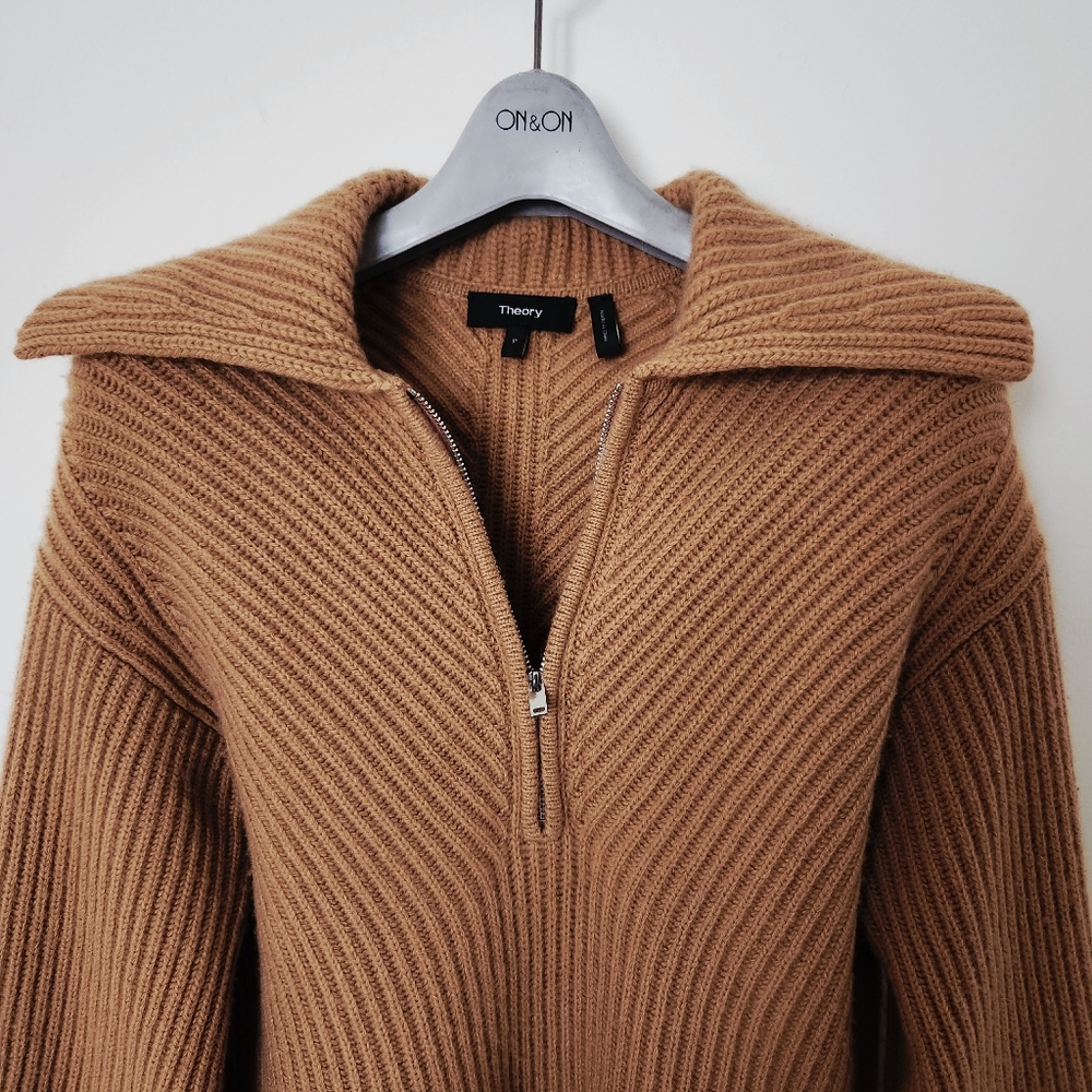 Theory Camel Wool/ Cashmere Zip Collar Pullover Sweater - Picture 4 of 8